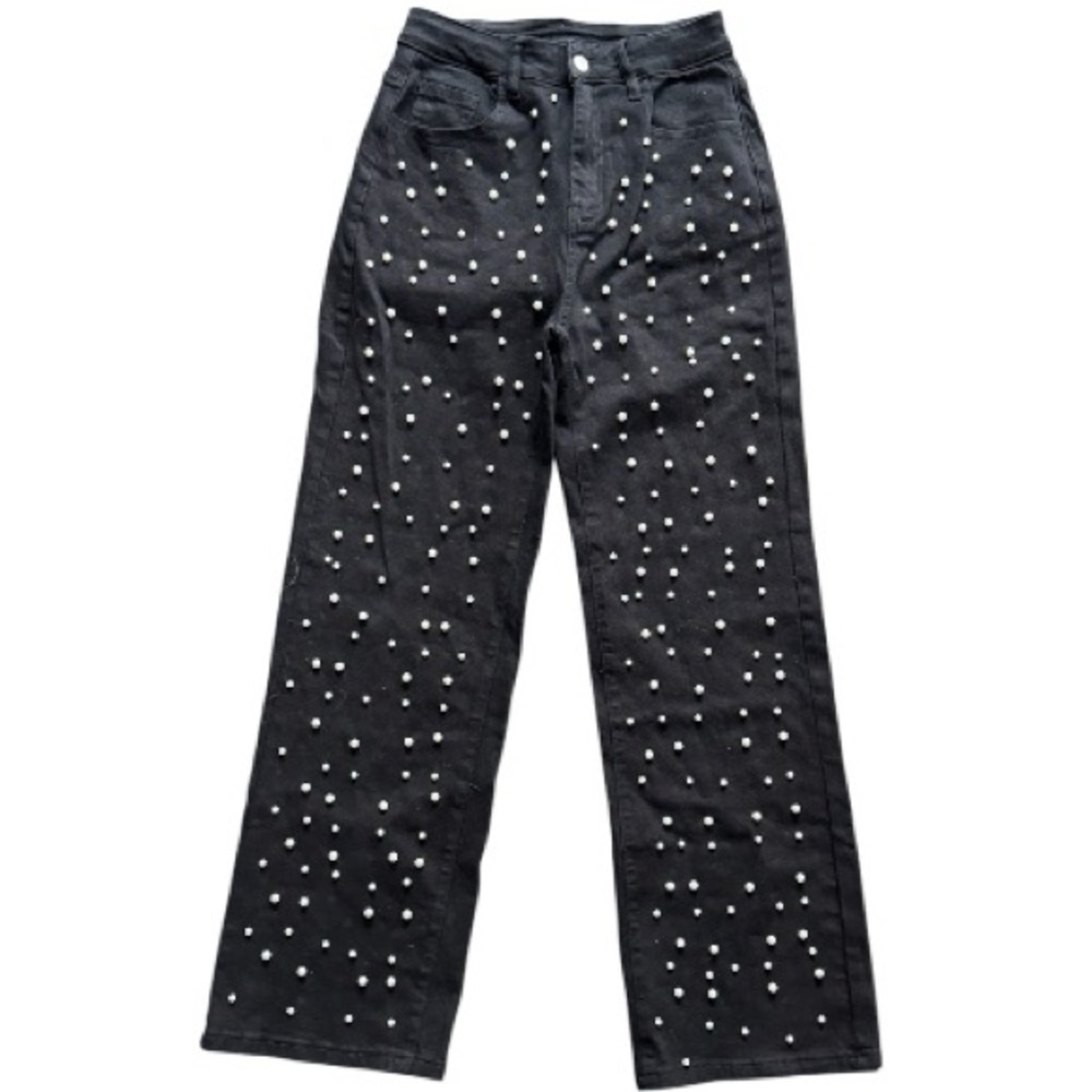 New Collection Black Pearl Embellished Wide Leg Jeans small NWT